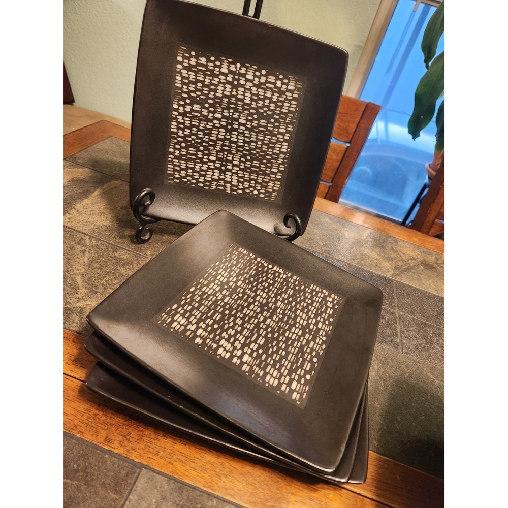 Elama Naina Stoneware 8.5" Square Salad Plate Set 4 Matte Blk Tan Tile Geometric